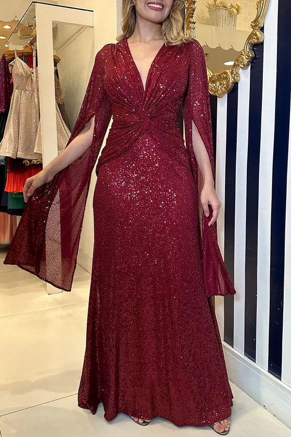 Amy - Robe Maxi de Soirée Éclatante avec Cape et Taille Croisée en Sequins