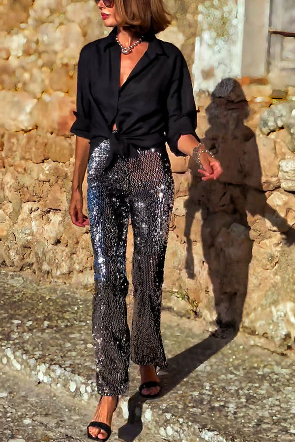 Ella - Pantalon Pursue Shine En Sequins Taille Haute Avec Taille Élastique