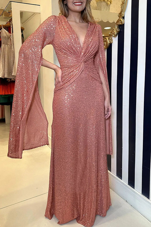 Amy - Robe Maxi de Soirée Éclatante avec Cape et Taille Croisée en Sequins