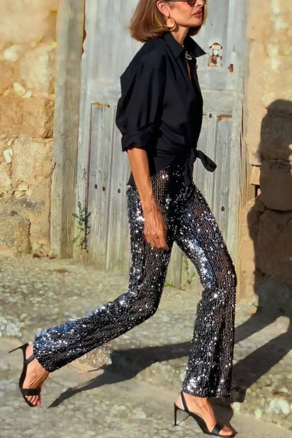 Ella - Pantalon Pursue Shine En Sequins Taille Haute Avec Taille Élastique